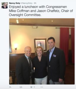 Nancy Doty Tweeted this photo alongside Rep. Mike Coffman and Rep. Jason Chaffetz in early August.