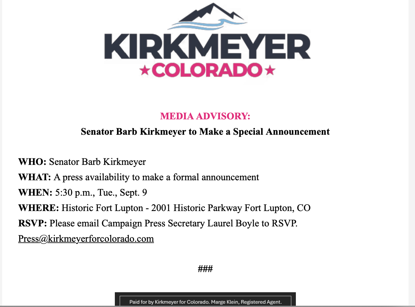 Barb Kirkmeyer’s Sacrificial Lamb Gubernatorial Bid Launches Tomorrow