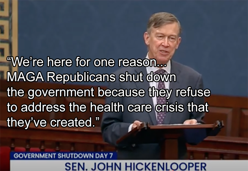 Hickenlooper Slams Republicans for Shutdown and Skyrocketing Health Care Costs